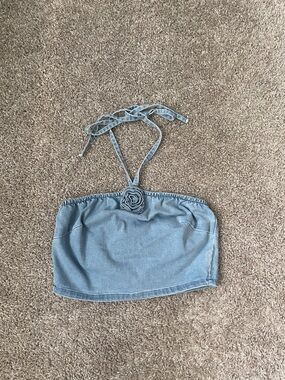 Denim-Style Light Blue Halter Tube Top with Rosette